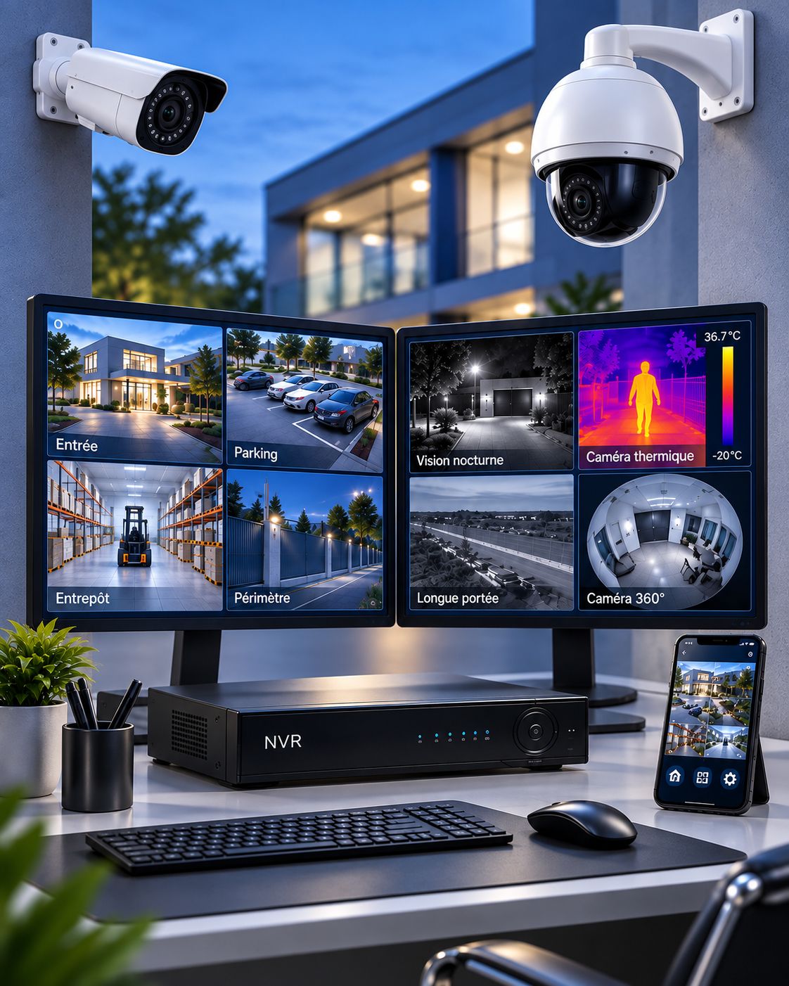Système complet CCTV avec caméras, enregistreur, écrans et accès mobile